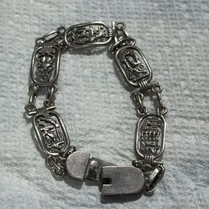 Vintage Egyptian revival Sterling Silver Bracelet hieroglyph cartouches RARE